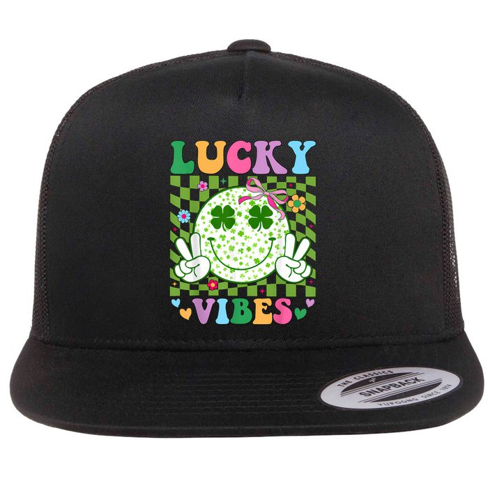 Groovy St Patricks Day Lucky Vibes Shamrock Flat Bill Trucker Hat