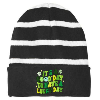 Groovy St Patricks Day Party funny Green Striped Beanie with Solid Band