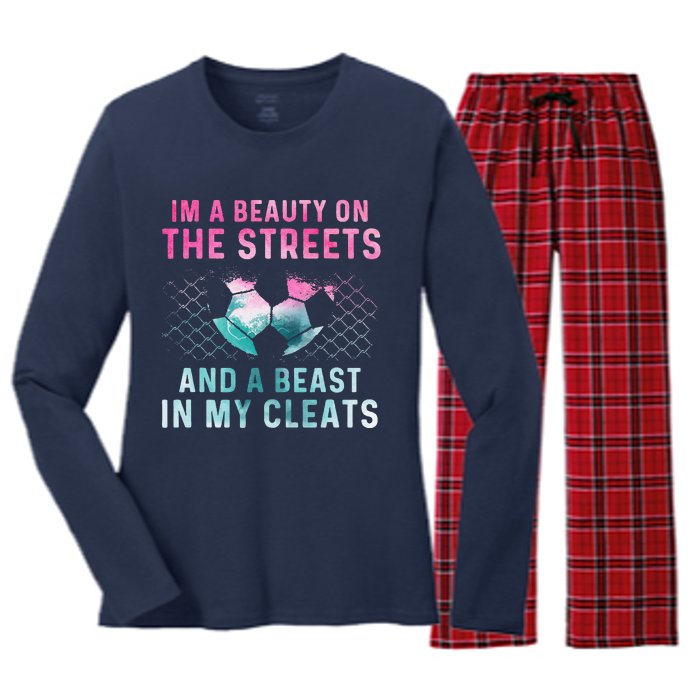 Girl Soccer Player Gifts Team Cleats Mom Goalie Captain Women's Long Sleeve Flannel Pajama Set 