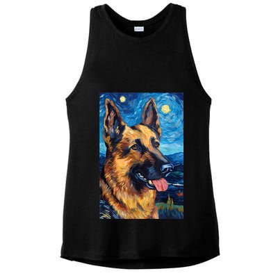 German Shepherd Painting Art Starry Night Sky Dog Van Gogh Ladies PosiCharge Tri-Blend Wicking Tank