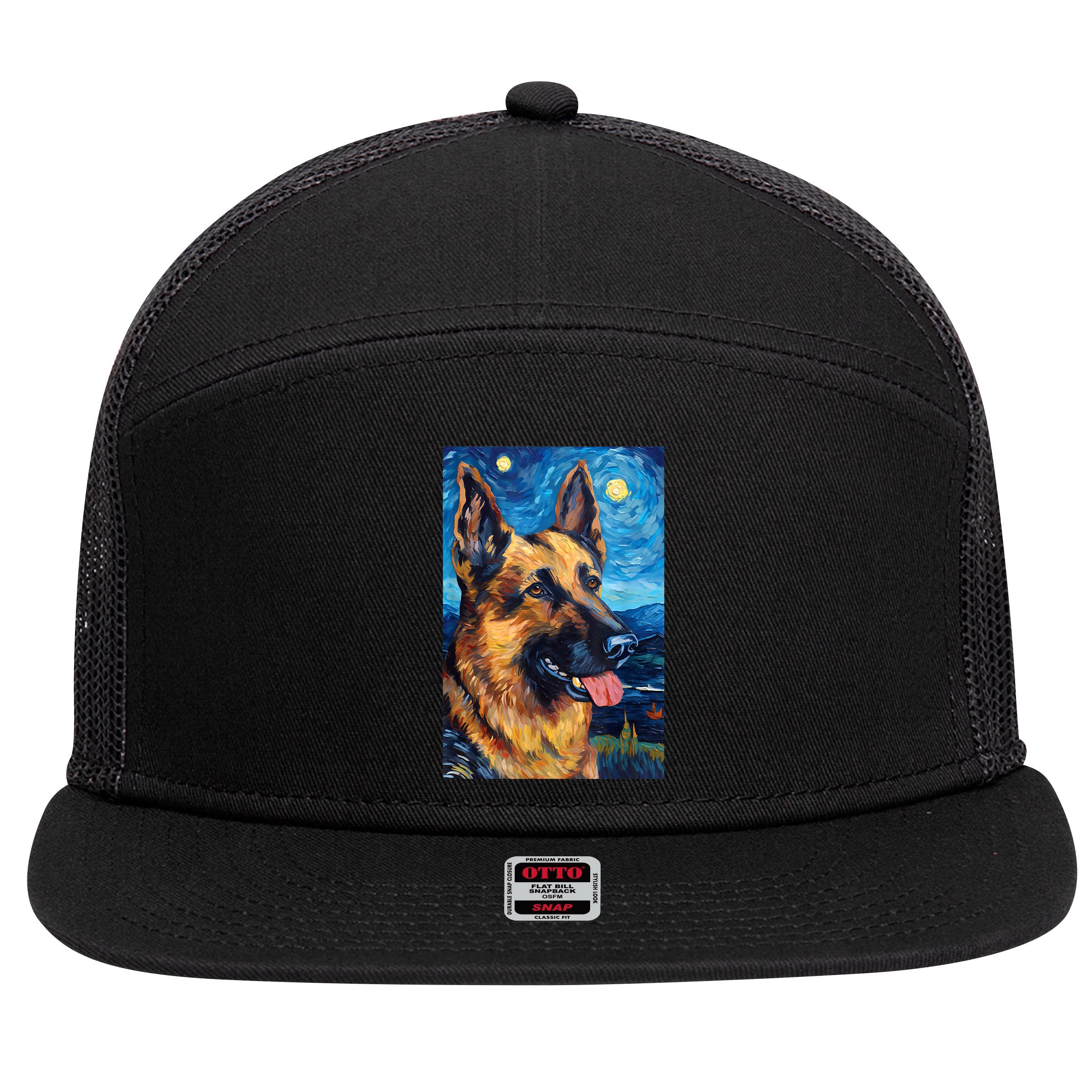 German Shepherd Painting Art Starry Night Sky Dog Van Gogh 7 Panel Mesh Trucker Snapback Hat