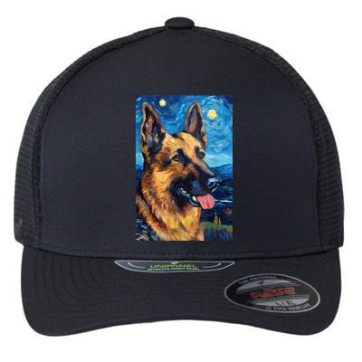 German Shepherd Painting Art Starry Night Sky Dog Van Gogh Flexfit Unipanel Trucker Cap