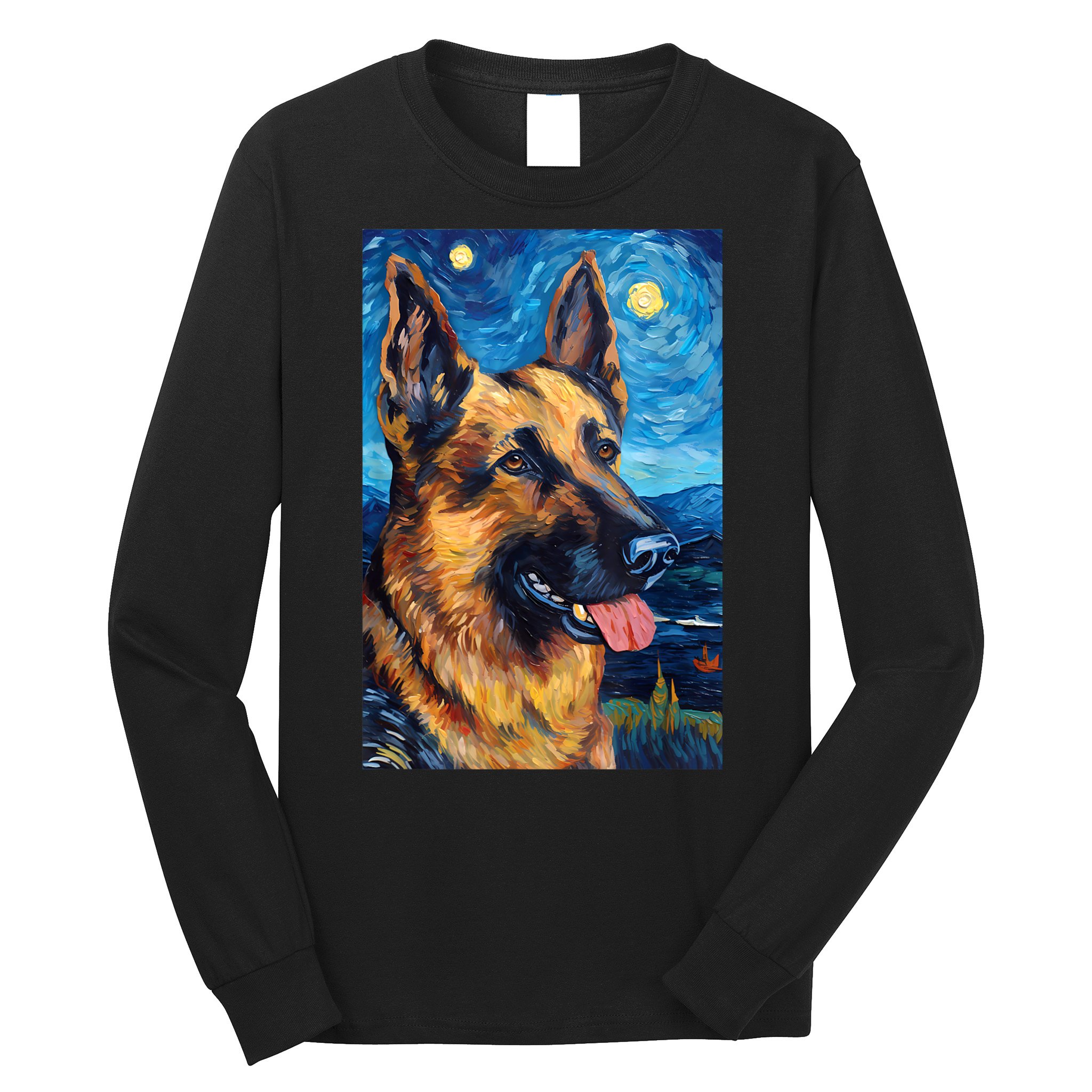 German Shepherd Painting Art Starry Night Sky Dog Van Gogh Long Sleeve Shirt