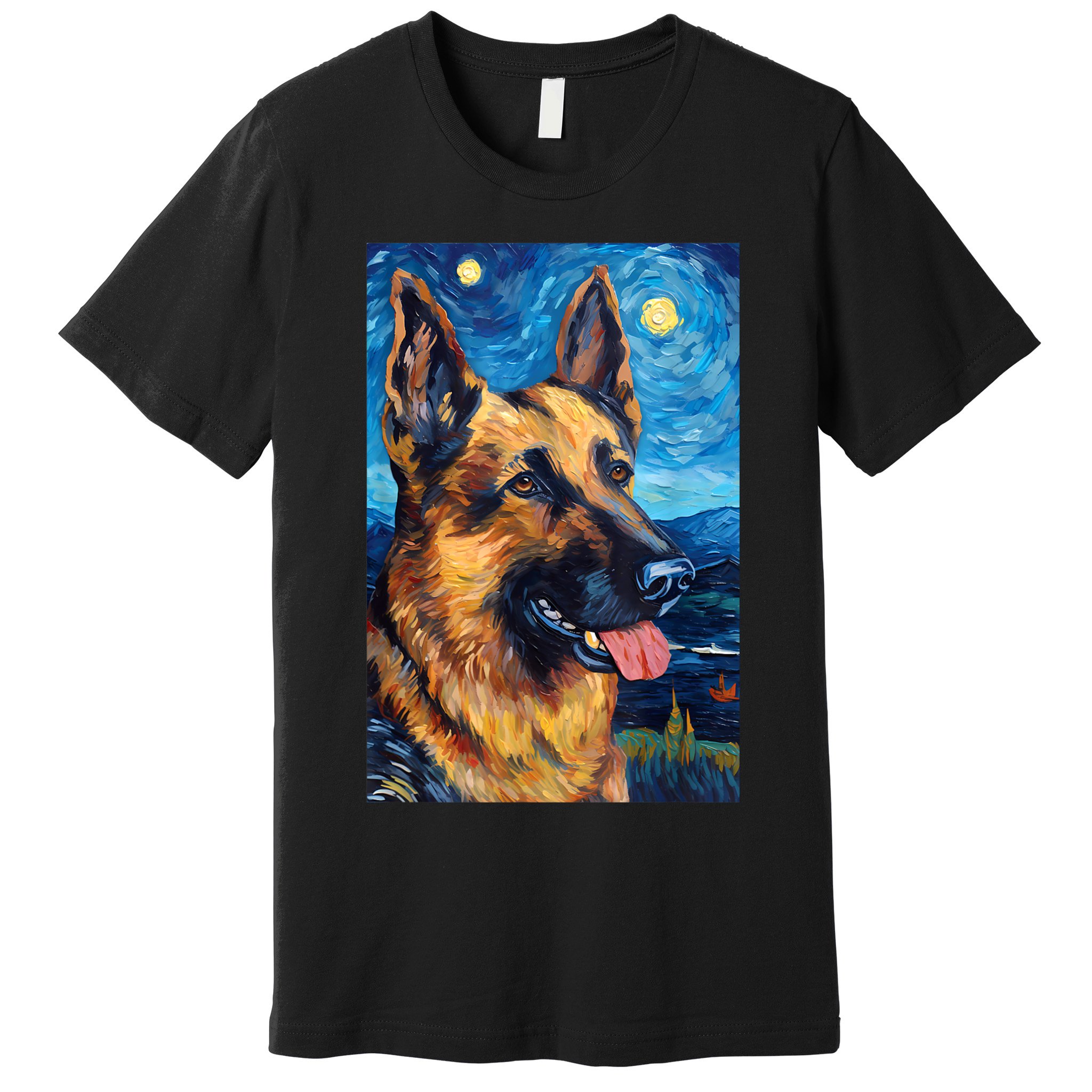 German Shepherd Painting Art Starry Night Sky Dog Van Gogh Premium T-Shirt