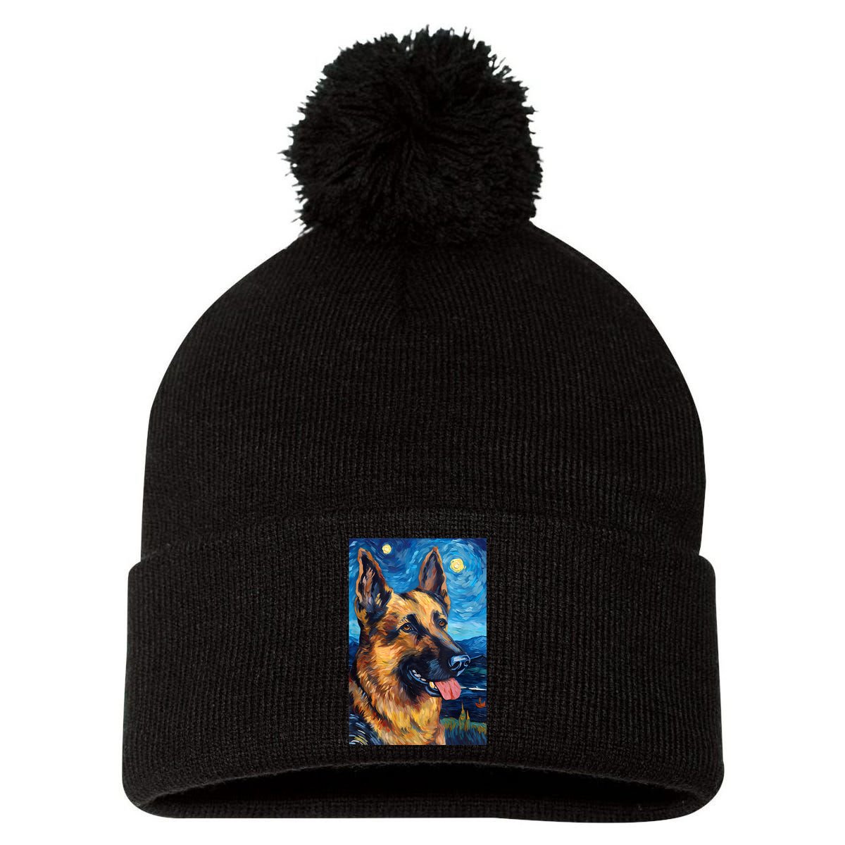 German Shepherd Painting Art Starry Night Sky Dog Van Gogh Pom Pom 12in Knit Beanie