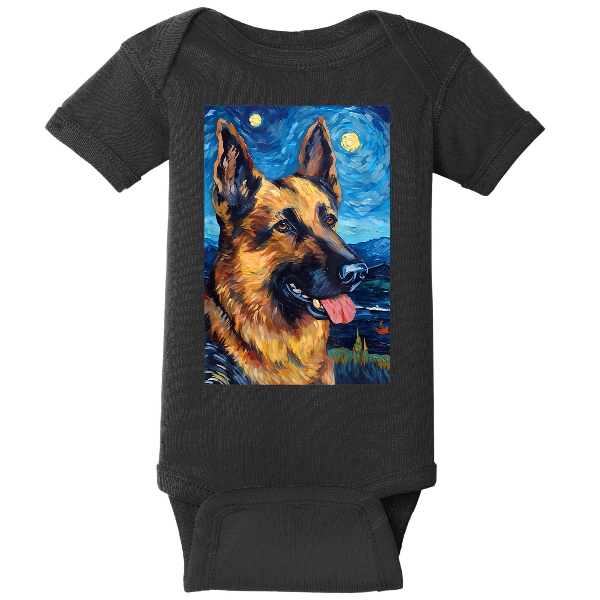 German Shepherd Painting Art Starry Night Sky Dog Van Gogh Baby Bodysuit