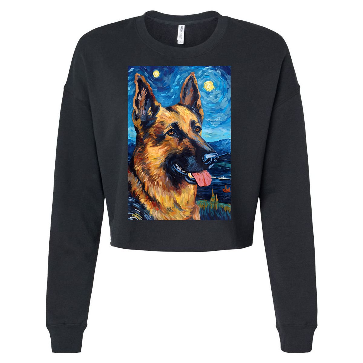 German Shepherd Painting Art Starry Night Sky Dog Van Gogh Cropped Pullover Crew