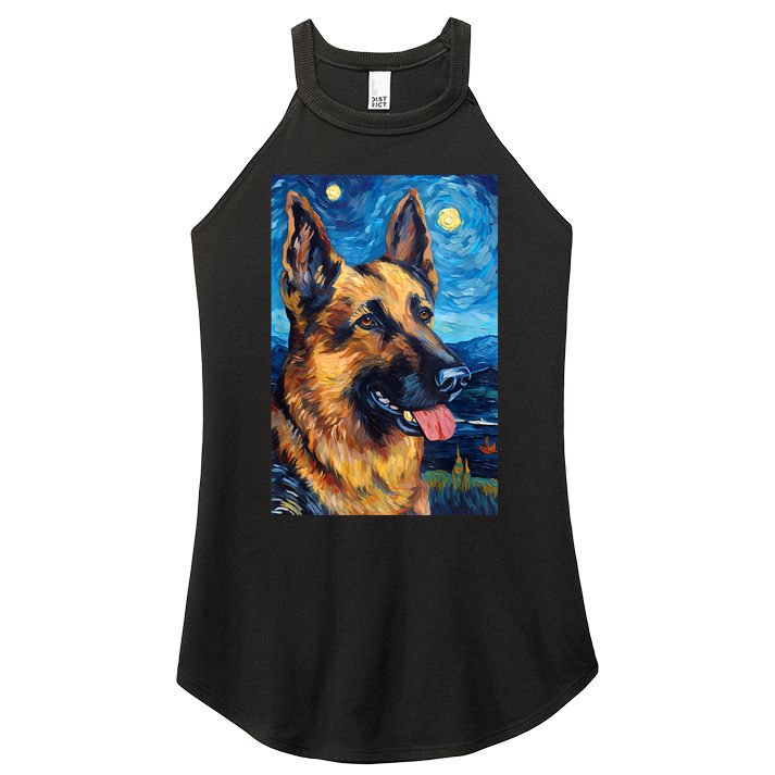 German Shepherd Painting Art Starry Night Sky Dog Van Gogh Women's Perfect Tri Rocker Tank