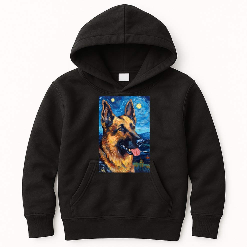 German Shepherd Painting Art Starry Night Sky Dog Van Gogh Kids Hoodie