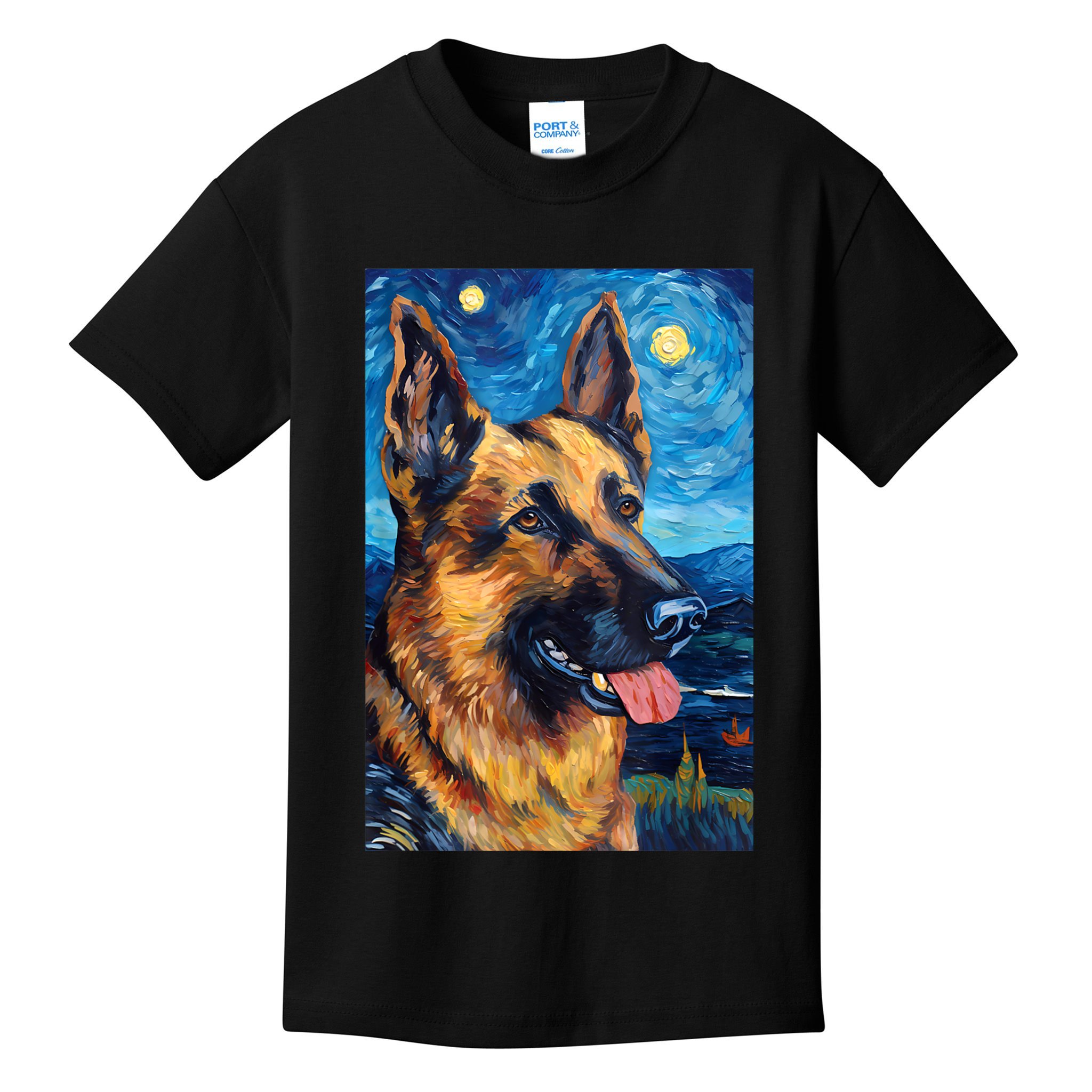 German Shepherd Painting Art Starry Night Sky Dog Van Gogh Kids T-Shirt