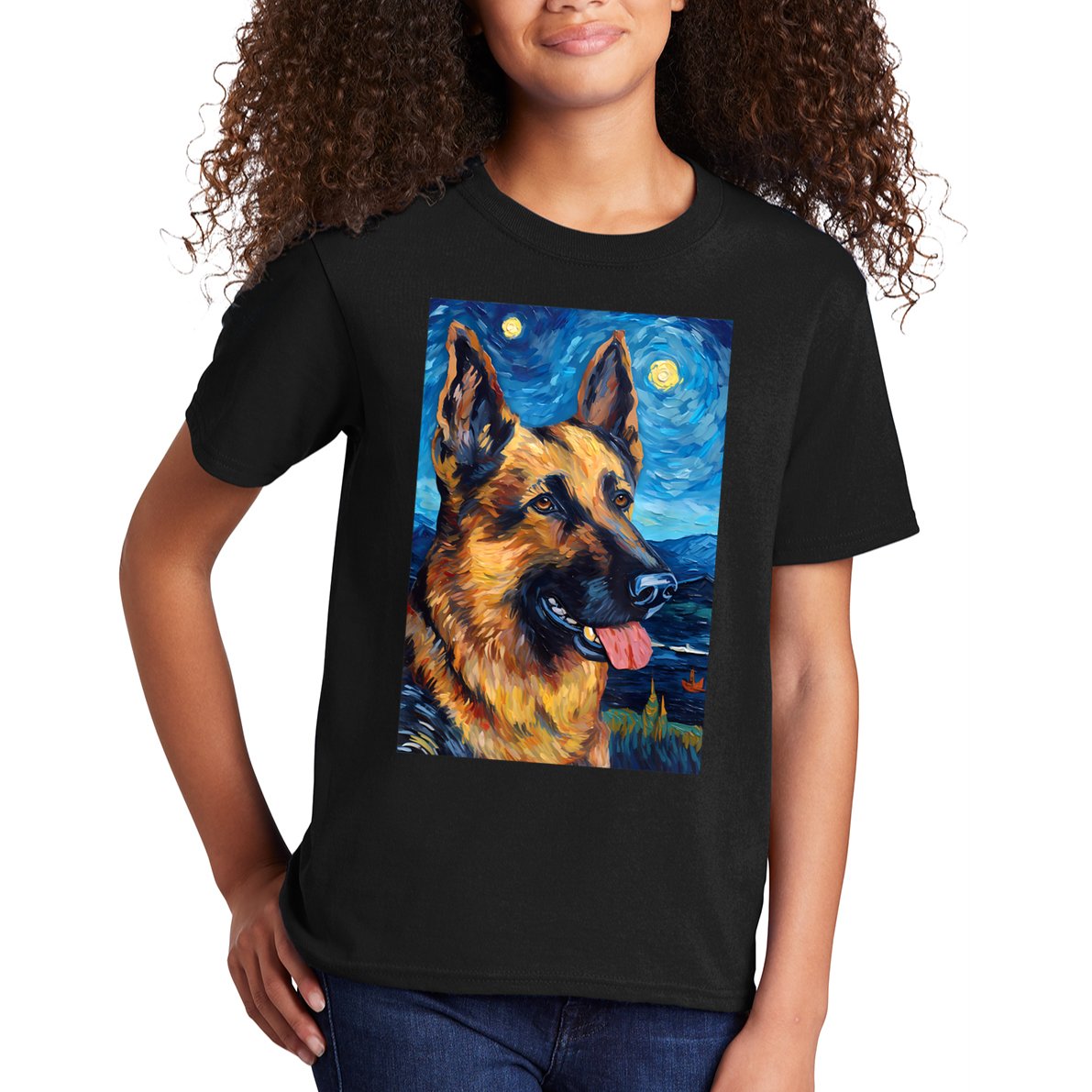 German Shepherd Painting Art Starry Night Sky Dog Van Gogh Kids T-Shirt