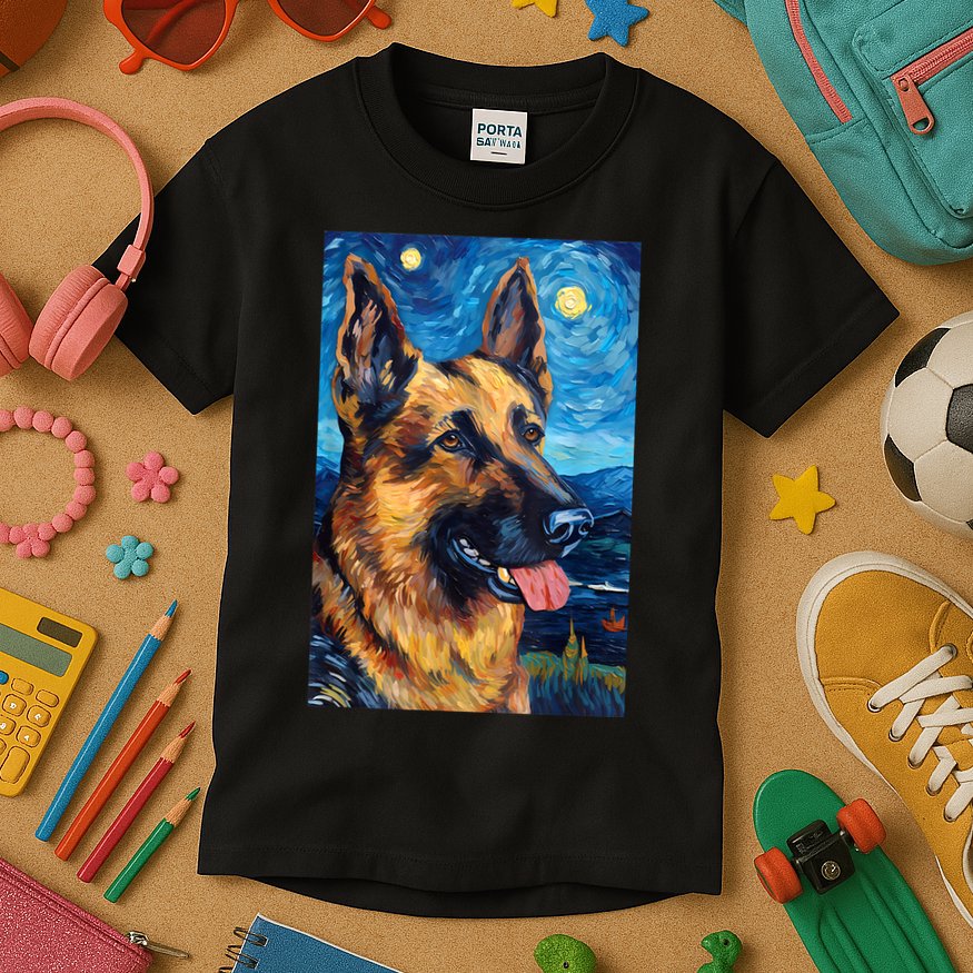 German Shepherd Painting Art Starry Night Sky Dog Van Gogh Kids T-Shirt