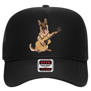 German Shepherd playing the acoustic guitar High Crown Mesh Back Trucker Hat