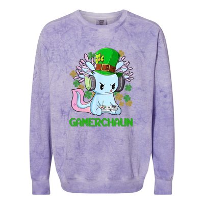 Gamerchaun St Patrick's Day Axolotl Video Game Controllers Colorblast Crewneck Sweatshirt