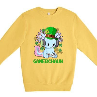 Gamerchaun St Patrick's Day Axolotl Video Game Controllers Premium Crewneck Sweatshirt