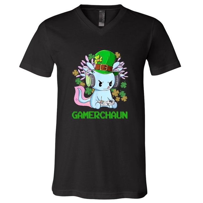 Gamerchaun St Patrick's Day Axolotl Video Game Controllers V-Neck T-Shirt