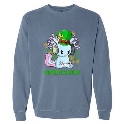 Gamerchaun St Patrick's Day Axolotl Video Game Controllers Garment-Dyed Sweatshirt