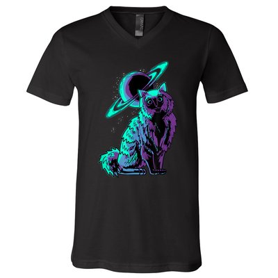 Galaxy Saturn Planet Ragdoll Cool Cat Feline Cat Lover Gift V-Neck T-Shirt