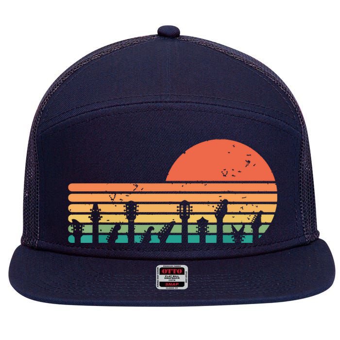 Guitars Sunset Retro Style Vintage Guitarist 7 Panel Mesh Trucker Snapback Hat