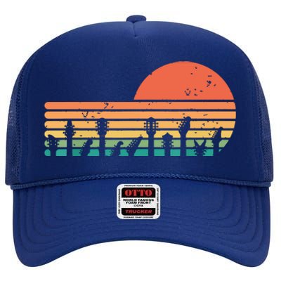 Guitars Sunset Retro Style Vintage Guitarist High Crown Mesh Back Trucker Hat