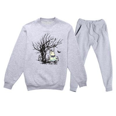 Ghost Swinging Reading Book Halloween Ghost Costume Premium Crewneck Sweatsuit Set