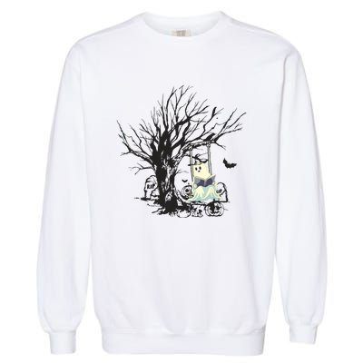 Ghost Swinging Reading Book Halloween Ghost Costume Garment-Dyed Sweatshirt