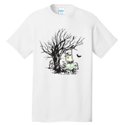 Ghost Swinging Reading Book Halloween Ghost Costume Tall T-Shirt