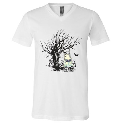 Ghost Swinging Reading Book Halloween Ghost Costume V-Neck T-Shirt