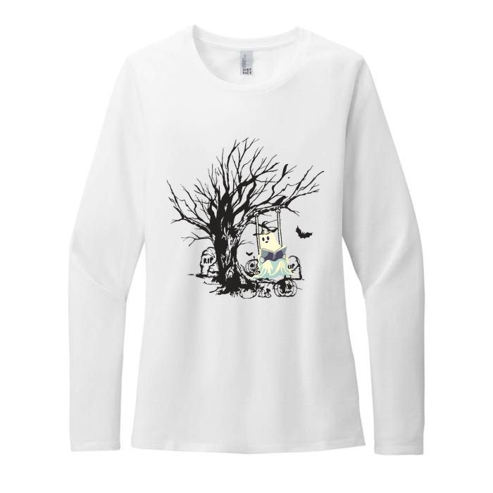 Ghost Swinging Reading Book Halloween Ghost Costume Womens CVC Long Sleeve Shirt