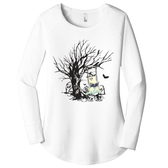 Ghost Swinging Reading Book Halloween Ghost Costume Women's Perfect Tri Tunic Long Sleeve Shirt