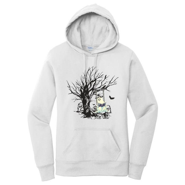 Ghost Swinging Reading Book Halloween Ghost Costume Women's Pullover Hoodie