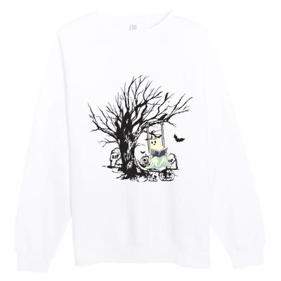 Ghost Swinging Reading Book Halloween Ghost Costume Premium Crewneck Sweatshirt