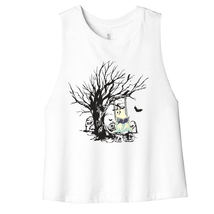 Ghost Swinging Reading Book Halloween Ghost Costume Women's Racerback Cropped Tank