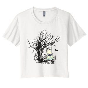 Ghost Swinging Reading Book Halloween Ghost Costume Women's Crop Top Tee