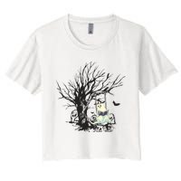 Ghost Swinging Reading Book Halloween Ghost Costume Women's Crop Top Tee