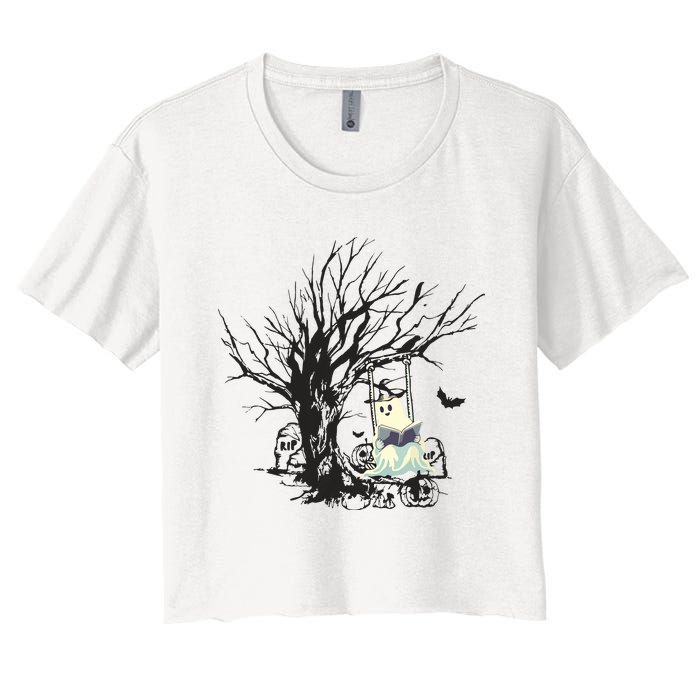 Ghost Swinging Reading Book Halloween Ghost Costume Women's Crop Top Tee