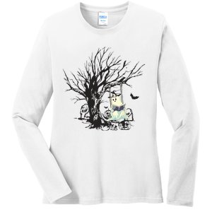 Ghost Swinging Reading Book Halloween Ghost Costume Ladies Long Sleeve Shirt