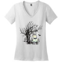 Ghost Swinging Reading Book Halloween Ghost Costume Women's V-Neck T-Shirt