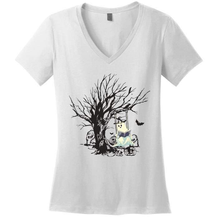 Ghost Swinging Reading Book Halloween Ghost Costume Women's V-Neck T-Shirt