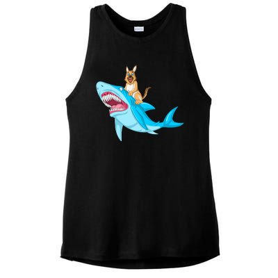 German Shepherd Riding Shark Ladies PosiCharge Tri-Blend Wicking Tank