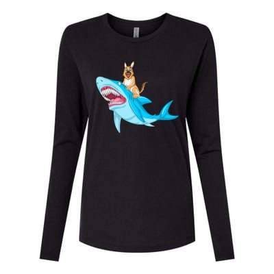 German Shepherd Riding Shark Womens Cotton Relaxed Long Sleeve T-Shirt