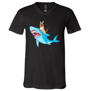 German Shepherd Riding Shark V-Neck T-Shirt