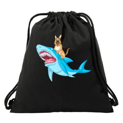 German Shepherd Riding Shark Drawstring Bag