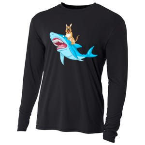 German Shepherd Riding Shark Cooling Performance Long Sleeve Crew