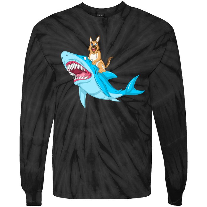 German Shepherd Riding Shark Tie-Dye Long Sleeve Shirt