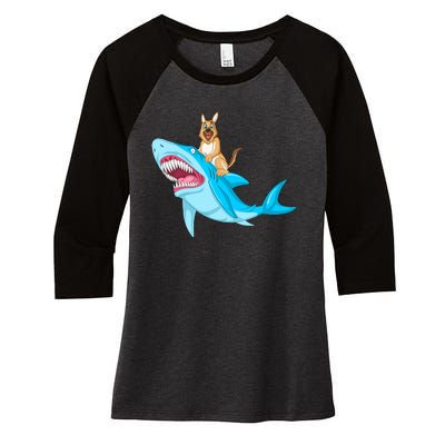 German Shepherd Riding Shark Women's Tri-Blend 3/4-Sleeve Raglan Shirt