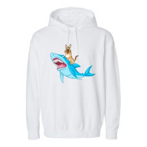 German Shepherd Riding Shark Garment-Dyed Fleece Hoodie