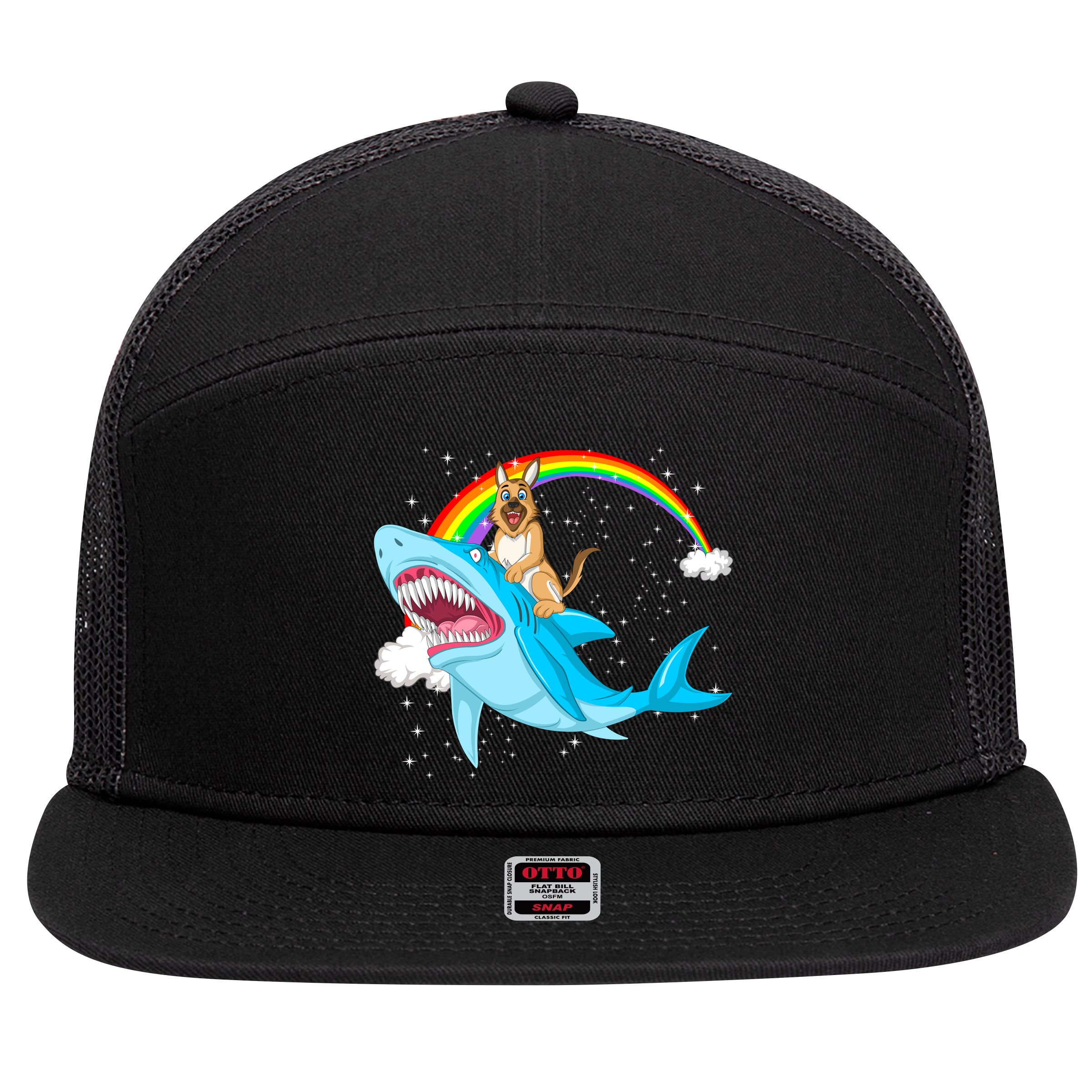 German Shepherd Riding Shark 7 Panel Mesh Trucker Snapback Hat