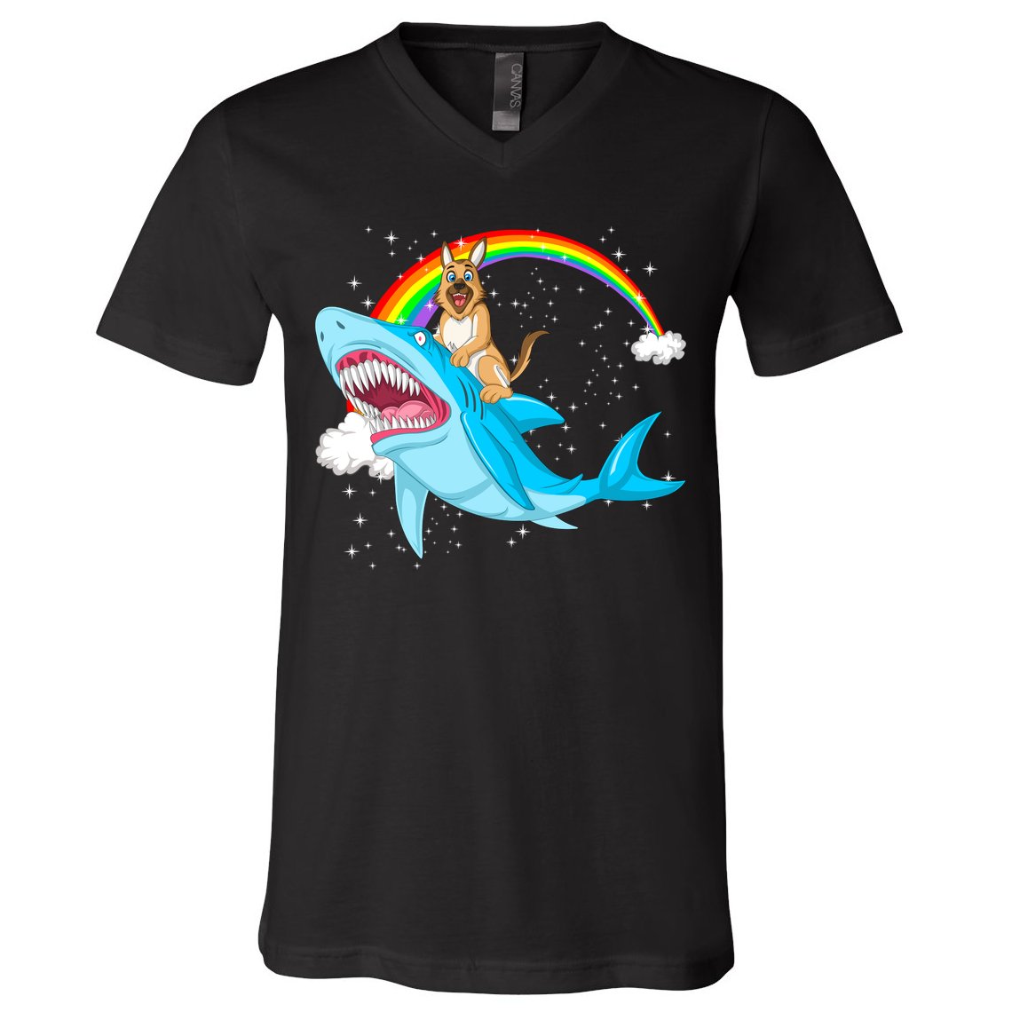 German Shepherd Riding Shark V-Neck T-Shirt