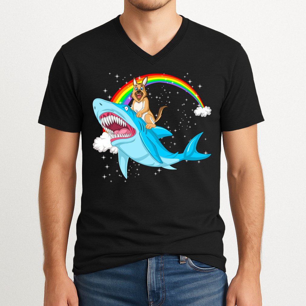 German Shepherd Riding Shark V-Neck T-Shirt